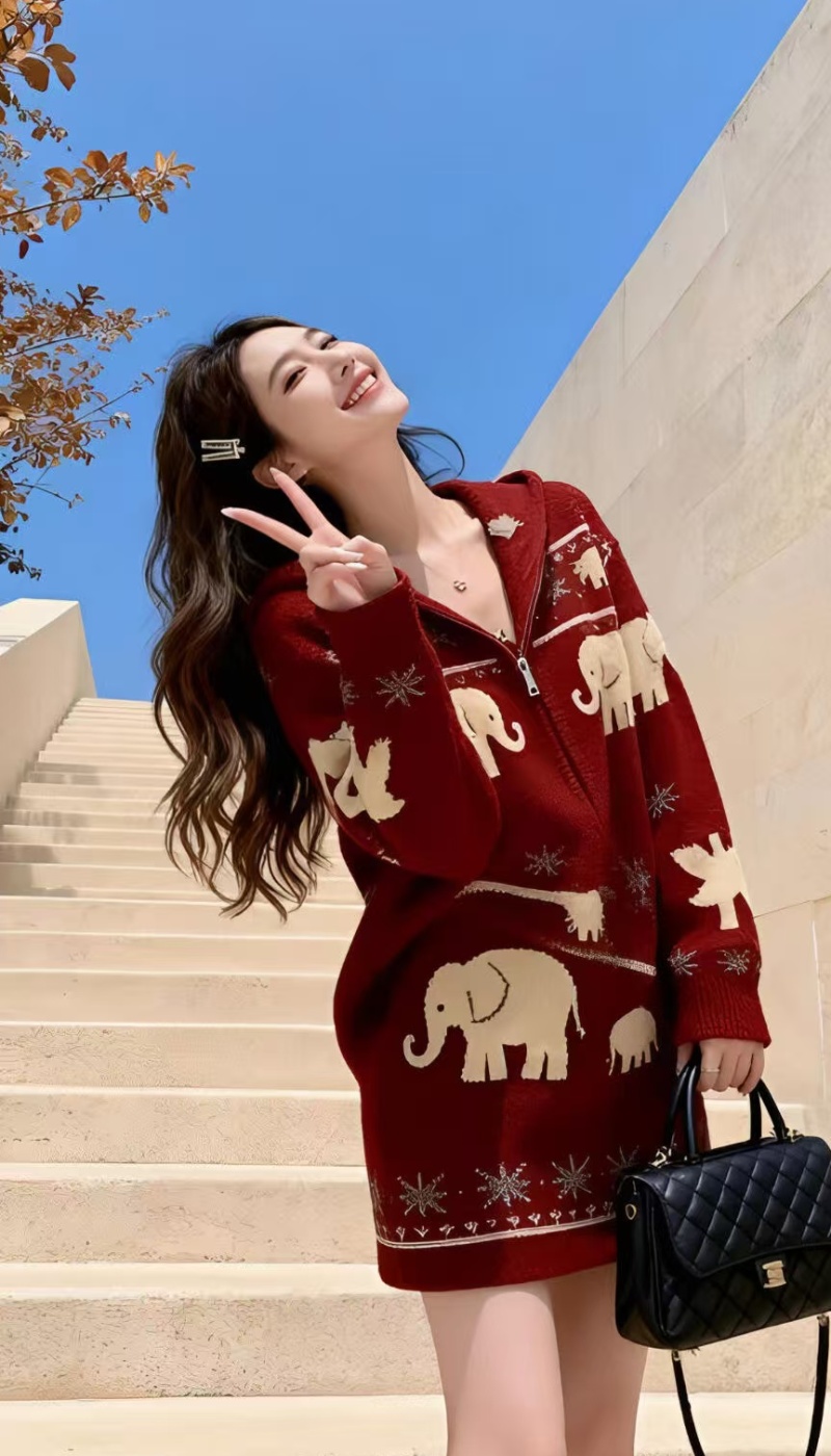 Autumn and winter knitted skirt lazy red tops 2pcs set