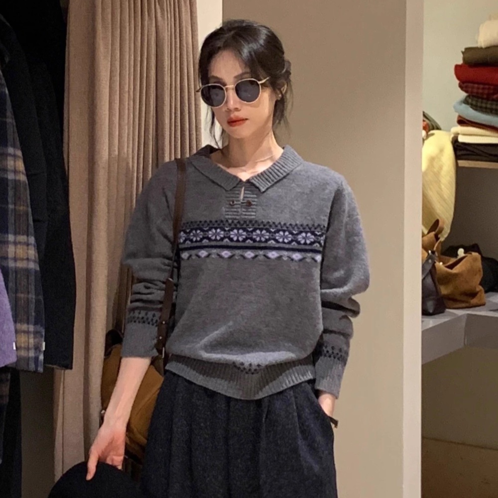 Lapel wears outside sweater jacquard retro tops for women