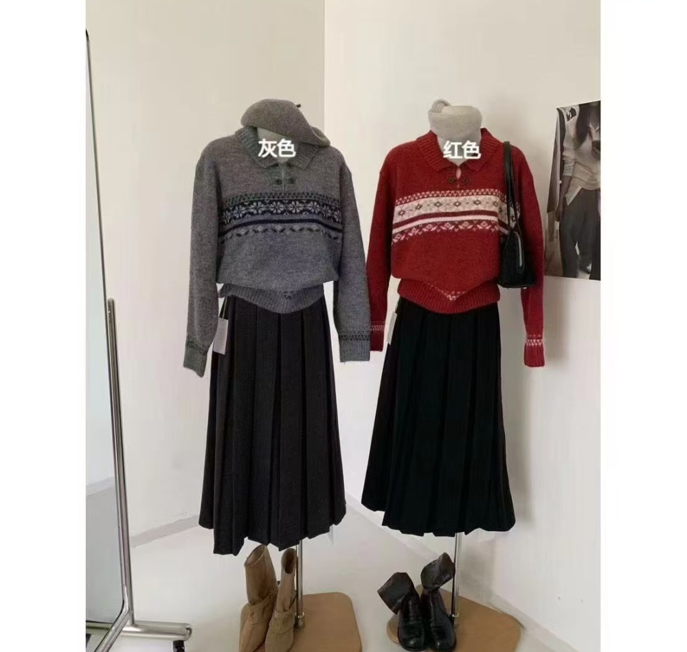 Lapel wears outside sweater jacquard retro tops for women