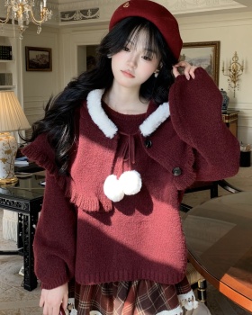 Loose show young christmas sweater red tender cloak 2pcs set