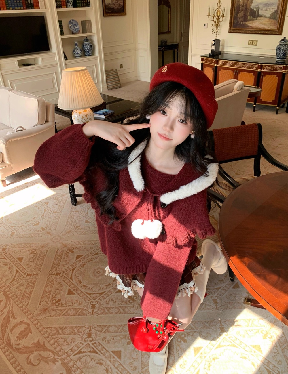 Loose show young christmas sweater red tender cloak 2pcs set