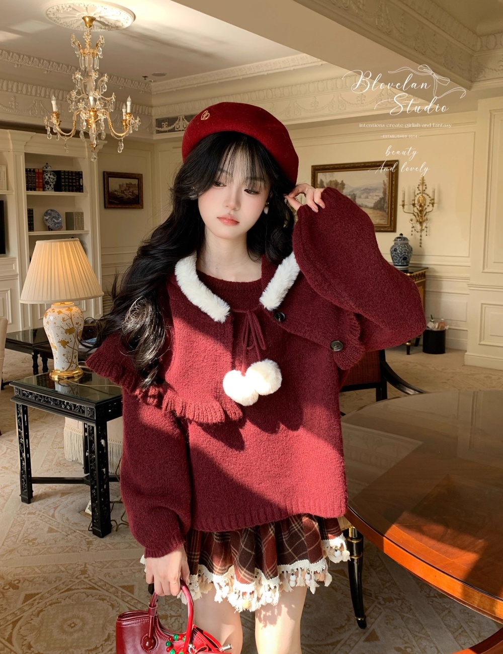 Loose show young christmas sweater red tender cloak 2pcs set