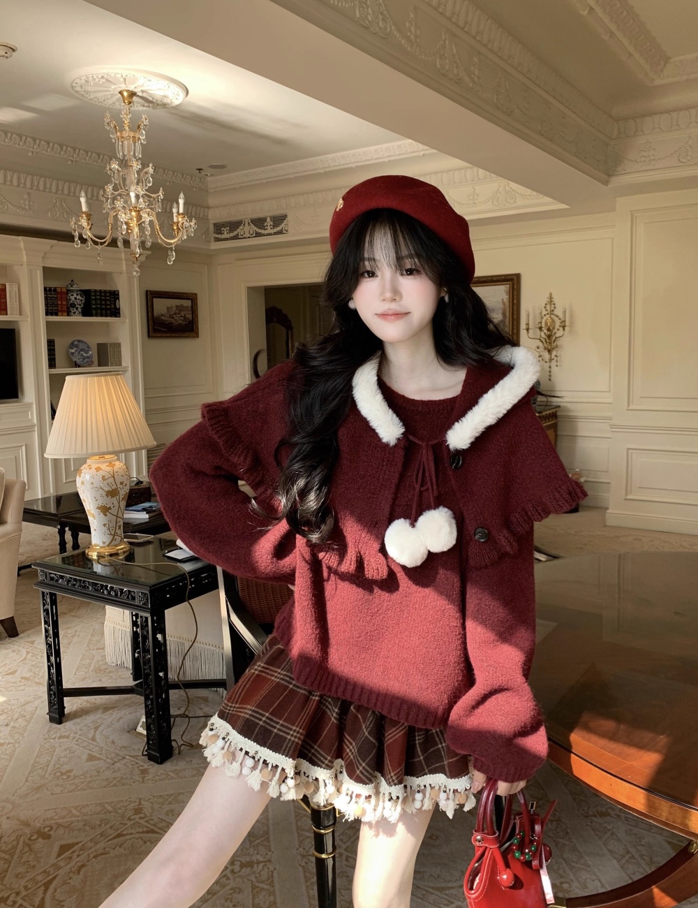 Loose show young christmas sweater red tender cloak 2pcs set
