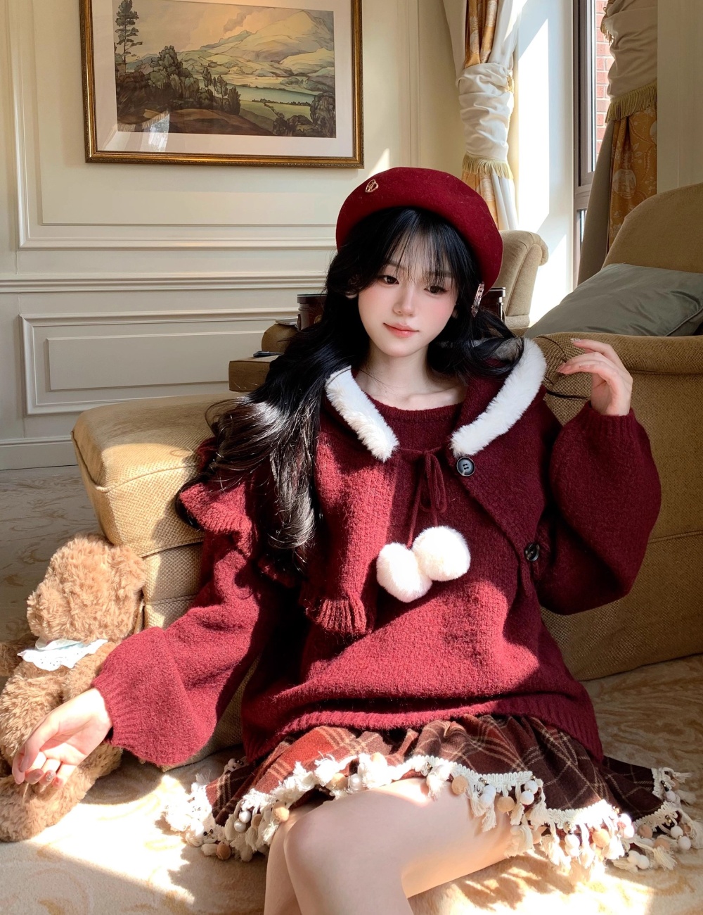 Loose show young christmas sweater red tender cloak 2pcs set