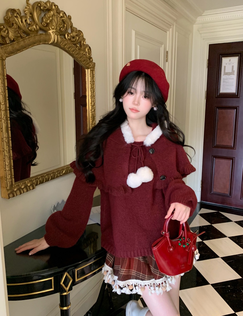 Loose show young christmas sweater red tender cloak 2pcs set