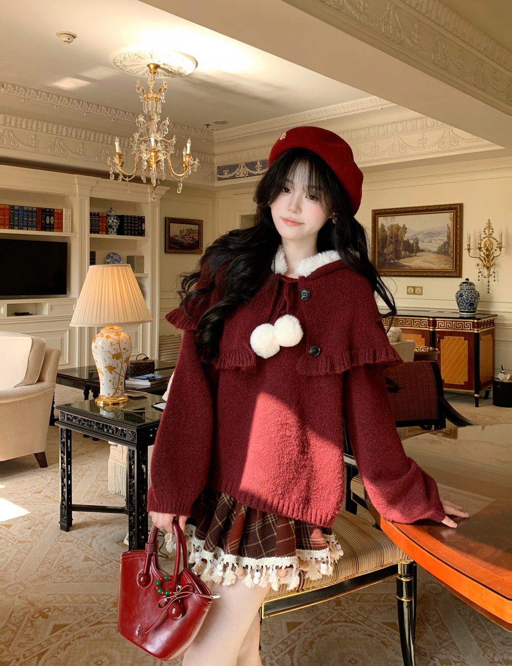 Loose show young christmas sweater red tender cloak 2pcs set