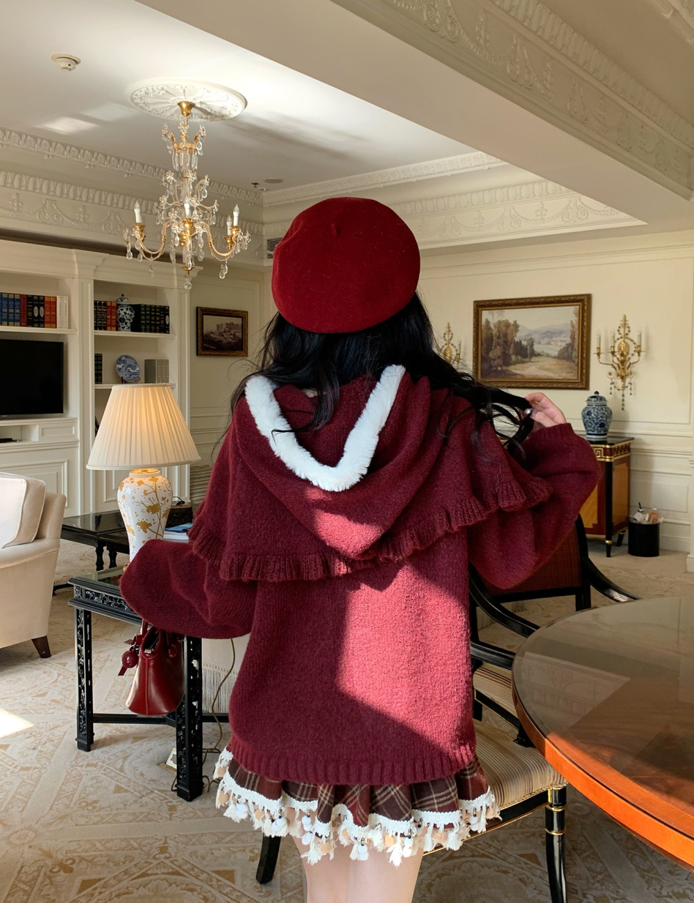 Loose show young christmas sweater red tender cloak 2pcs set