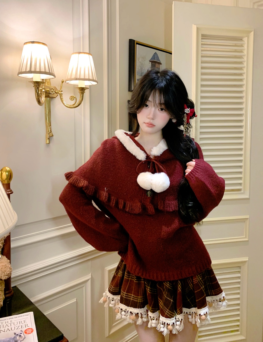 Loose show young christmas sweater red tender cloak 2pcs set