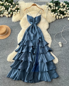 Lotus leaf edges blue long dress niche dress for women