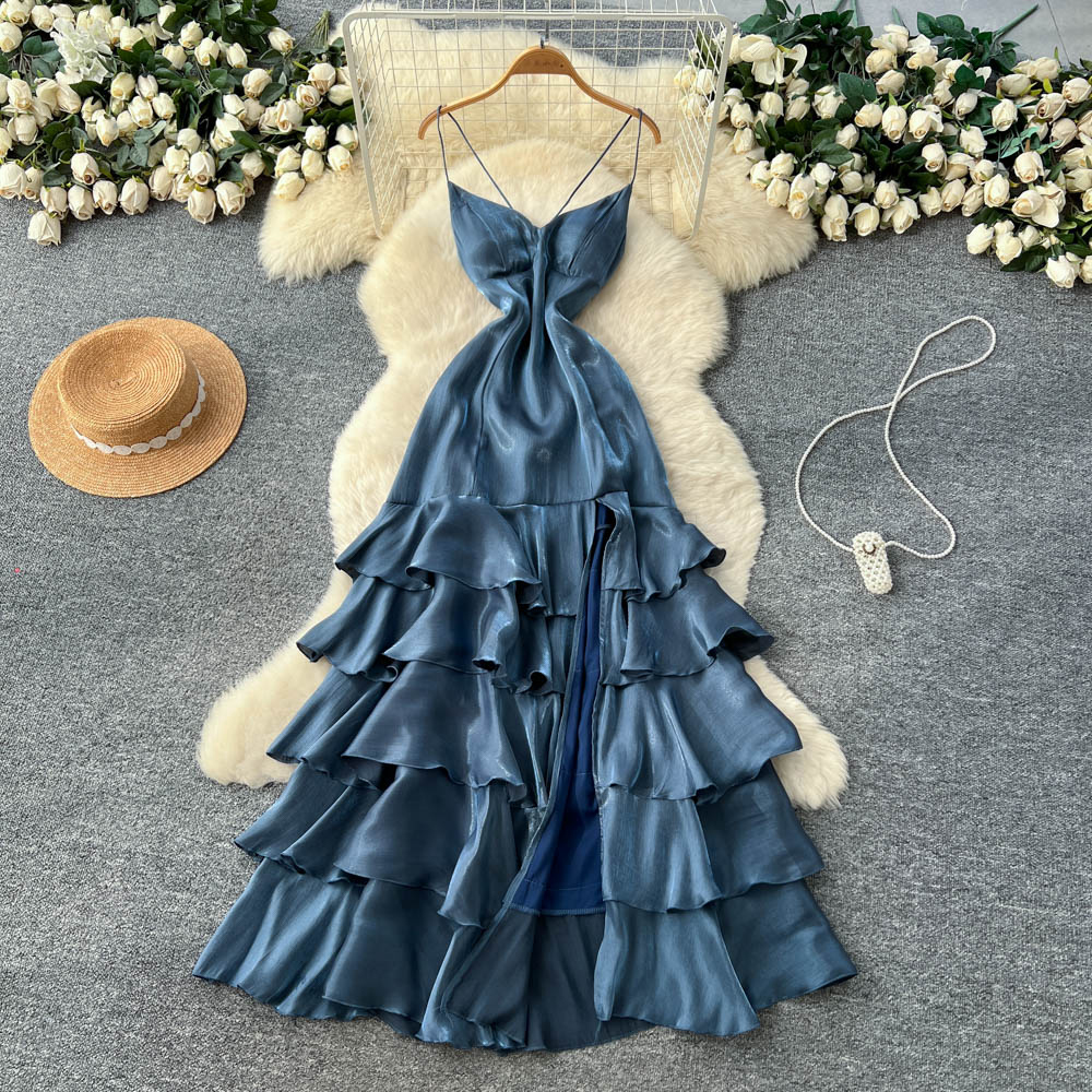 Lotus leaf edges blue long dress niche dress for women