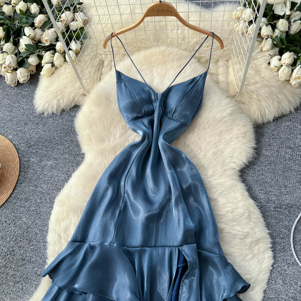 Lotus leaf edges blue long dress niche dress for women