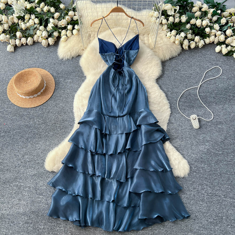 Lotus leaf edges blue long dress niche dress for women