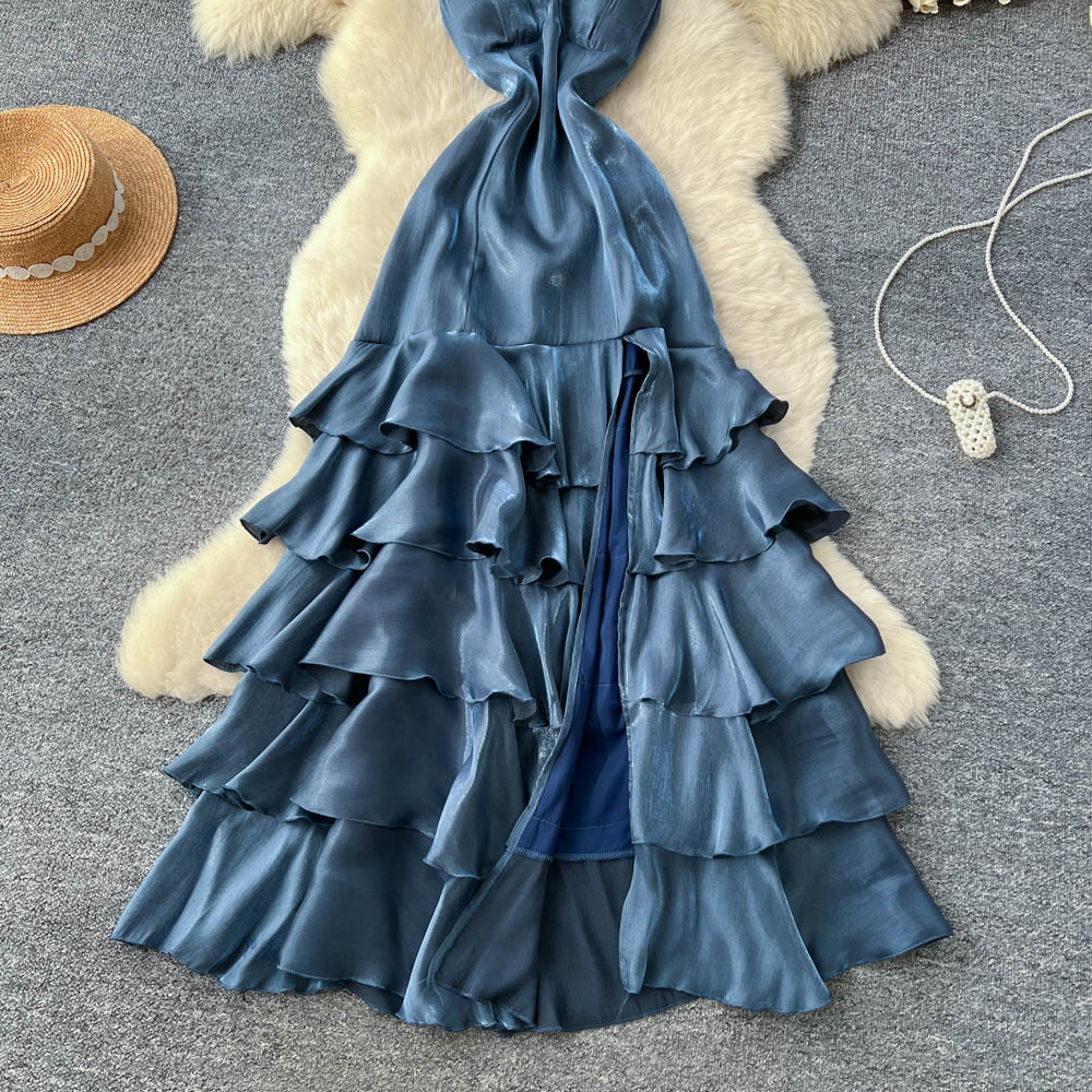 Lotus leaf edges blue long dress niche dress for women