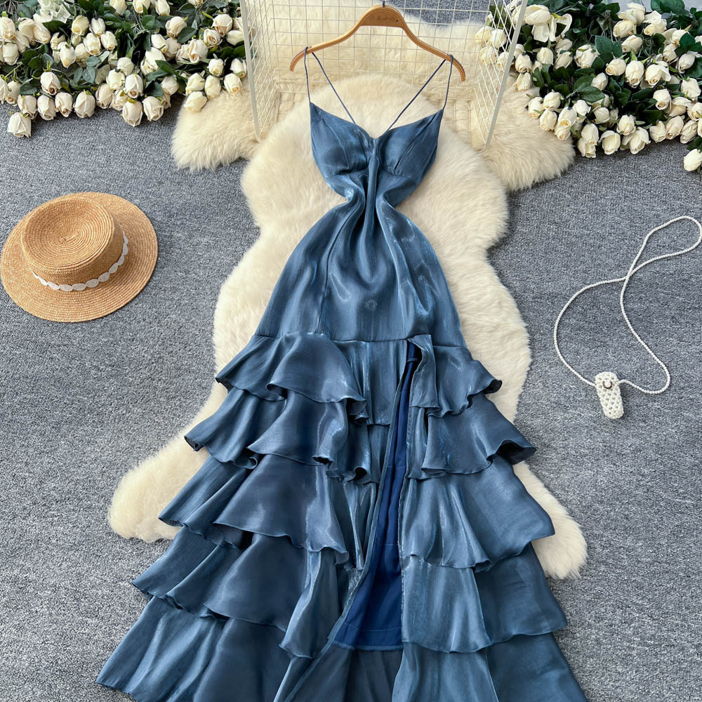 Lotus leaf edges blue long dress niche dress for women