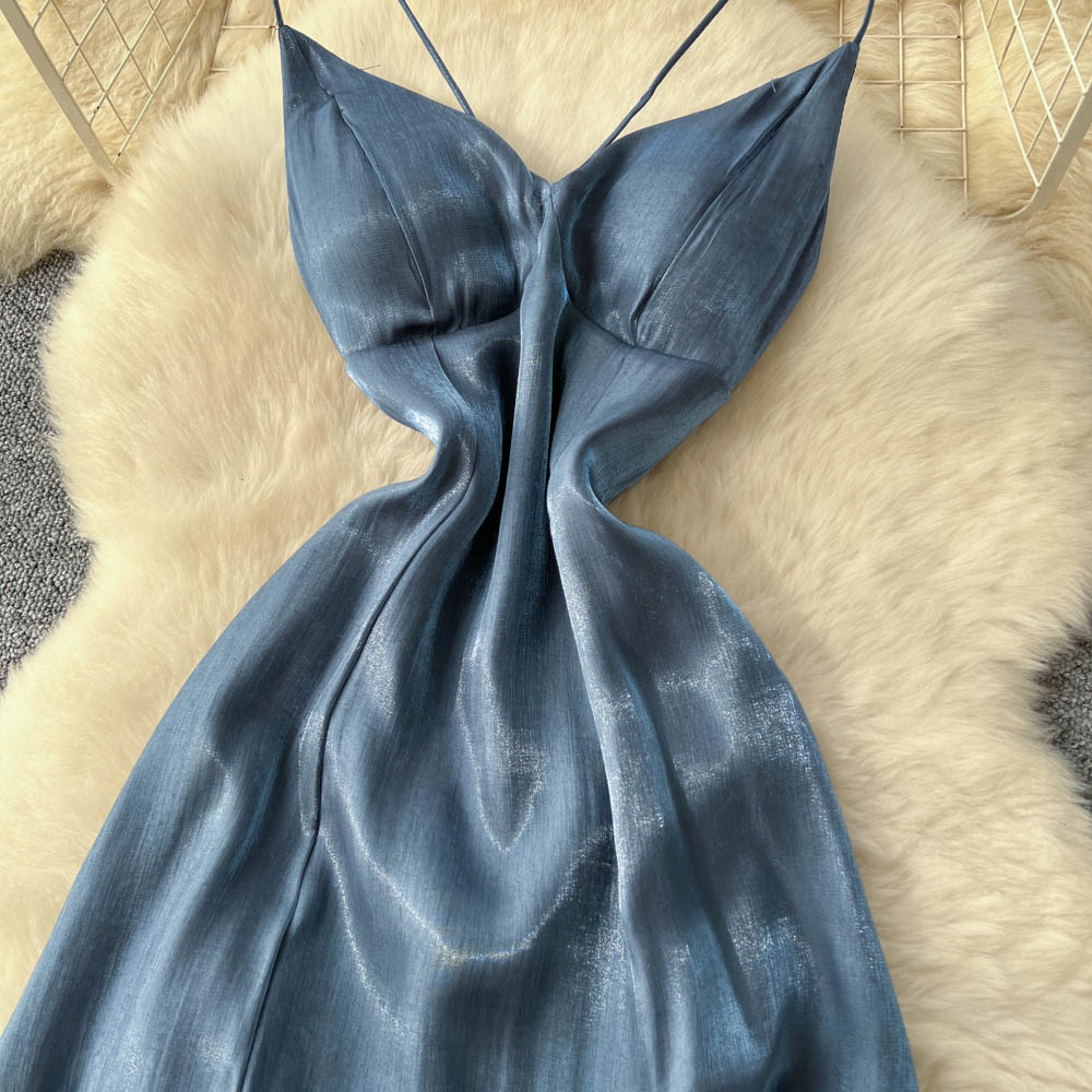 Lotus leaf edges blue long dress niche dress for women