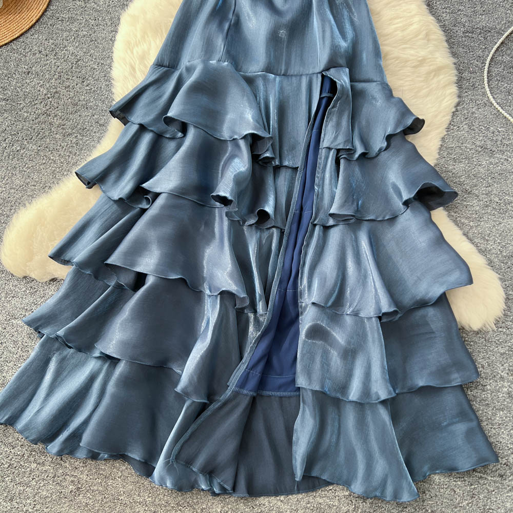 Lotus leaf edges blue long dress niche dress for women