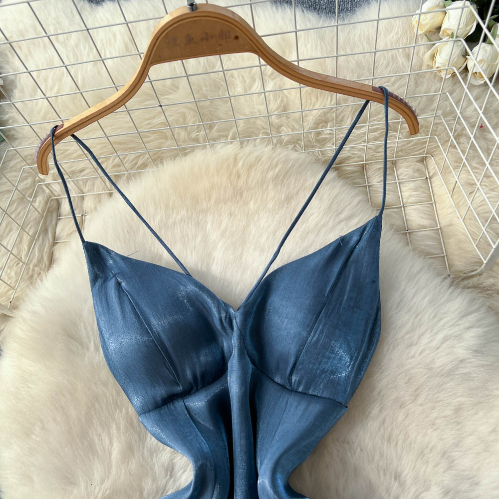 Lotus leaf edges blue long dress niche dress for women