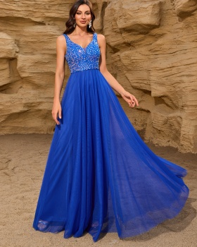 Splice gauze sequins formal dress party sleeveless long dress