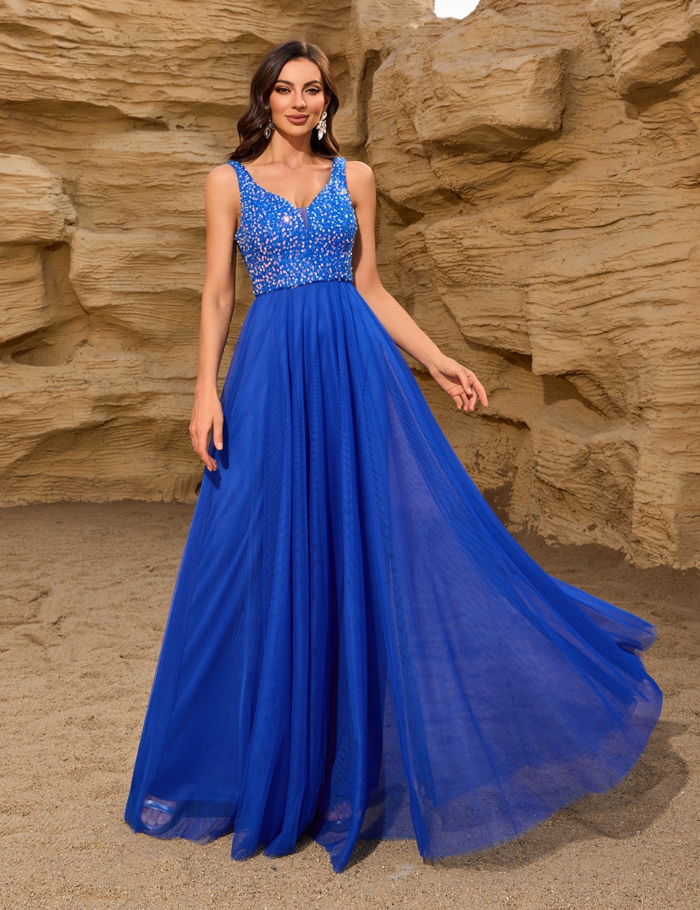 Splice gauze sequins formal dress party sleeveless long dress