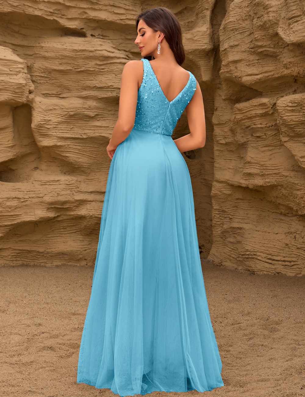 Splice gauze sequins formal dress party sleeveless long dress