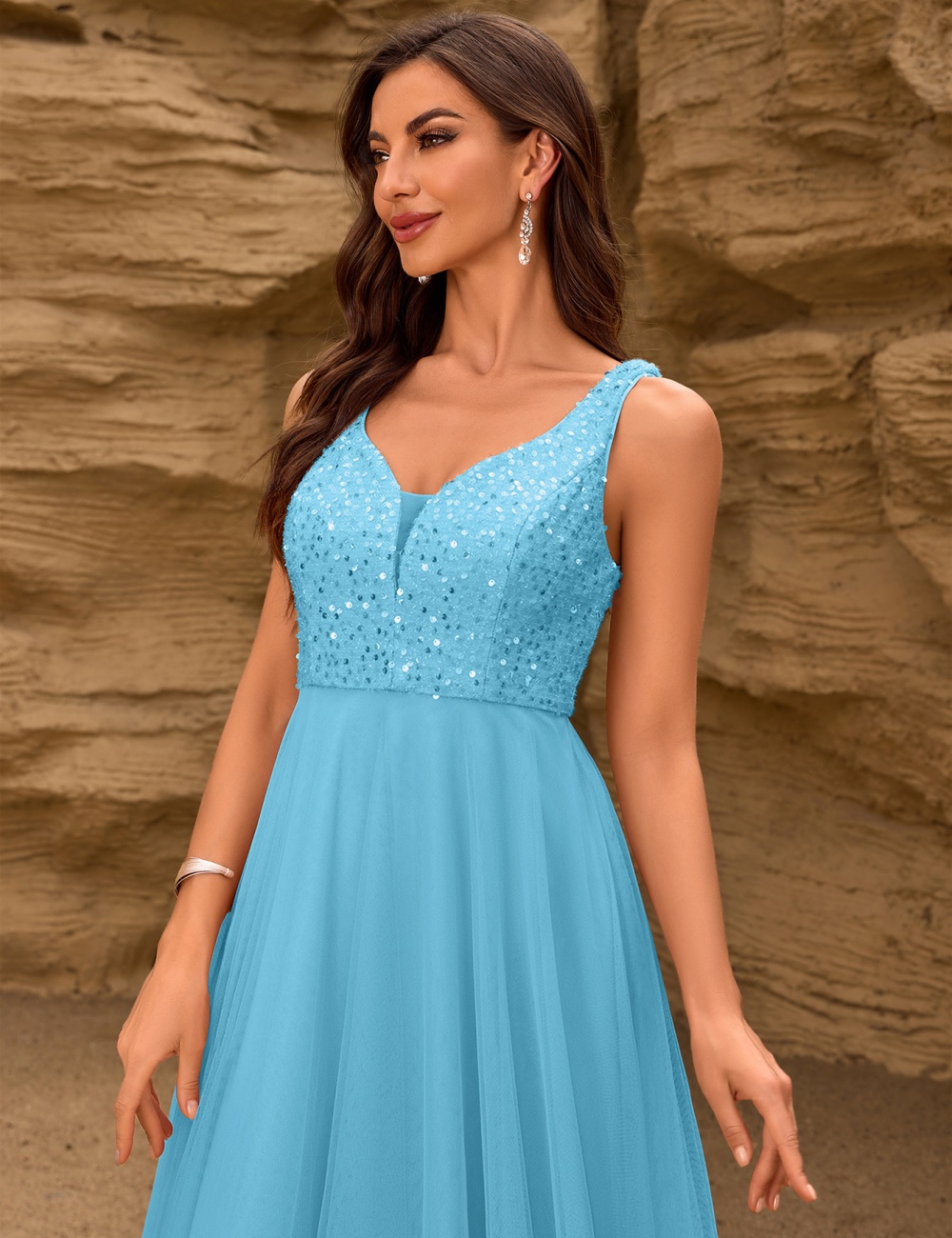 Splice gauze sequins formal dress party sleeveless long dress