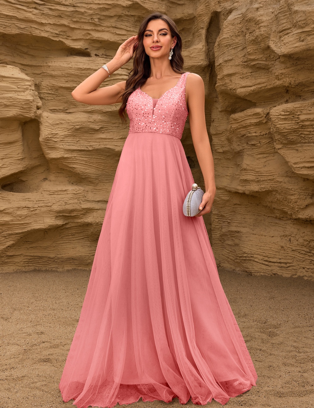 Splice gauze sequins formal dress party sleeveless long dress