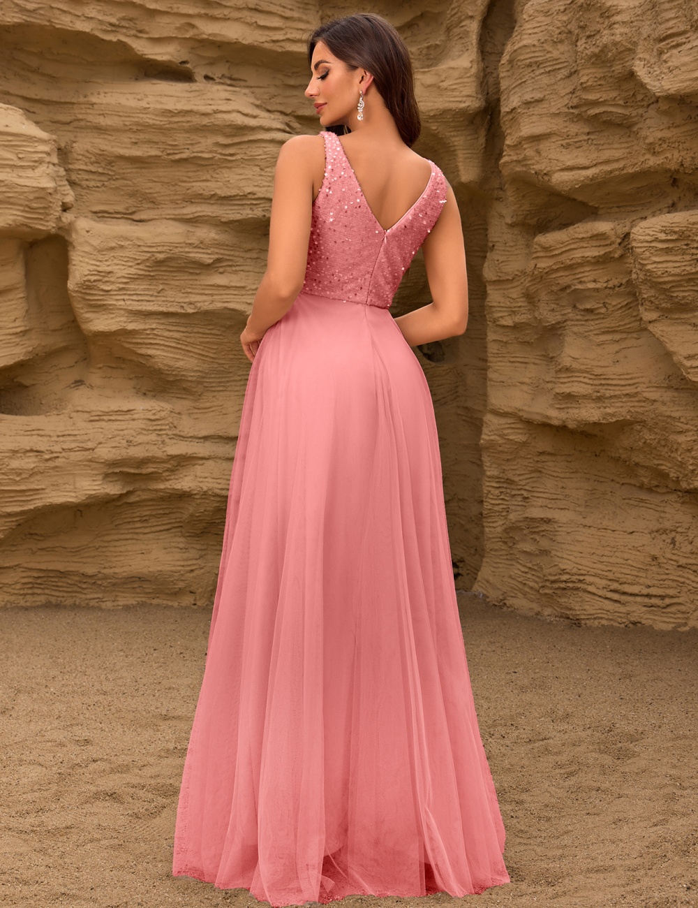 Splice gauze sequins formal dress party sleeveless long dress