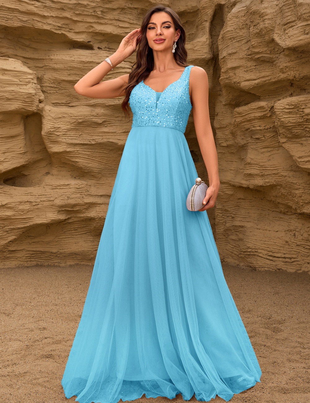 Splice gauze sequins formal dress party sleeveless long dress