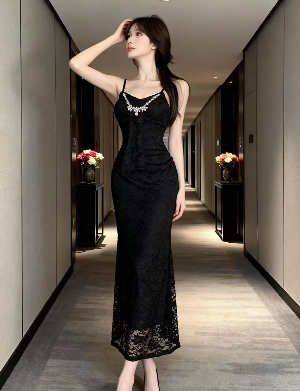 V-neck lace long dress ladies sling dress