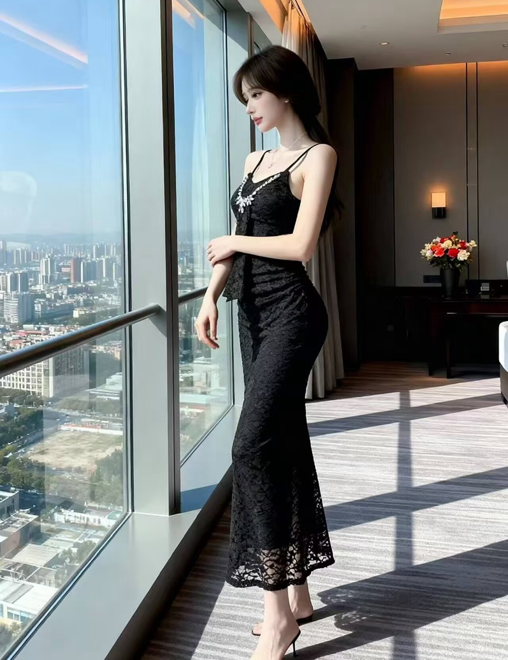 V-neck lace long dress ladies sling dress