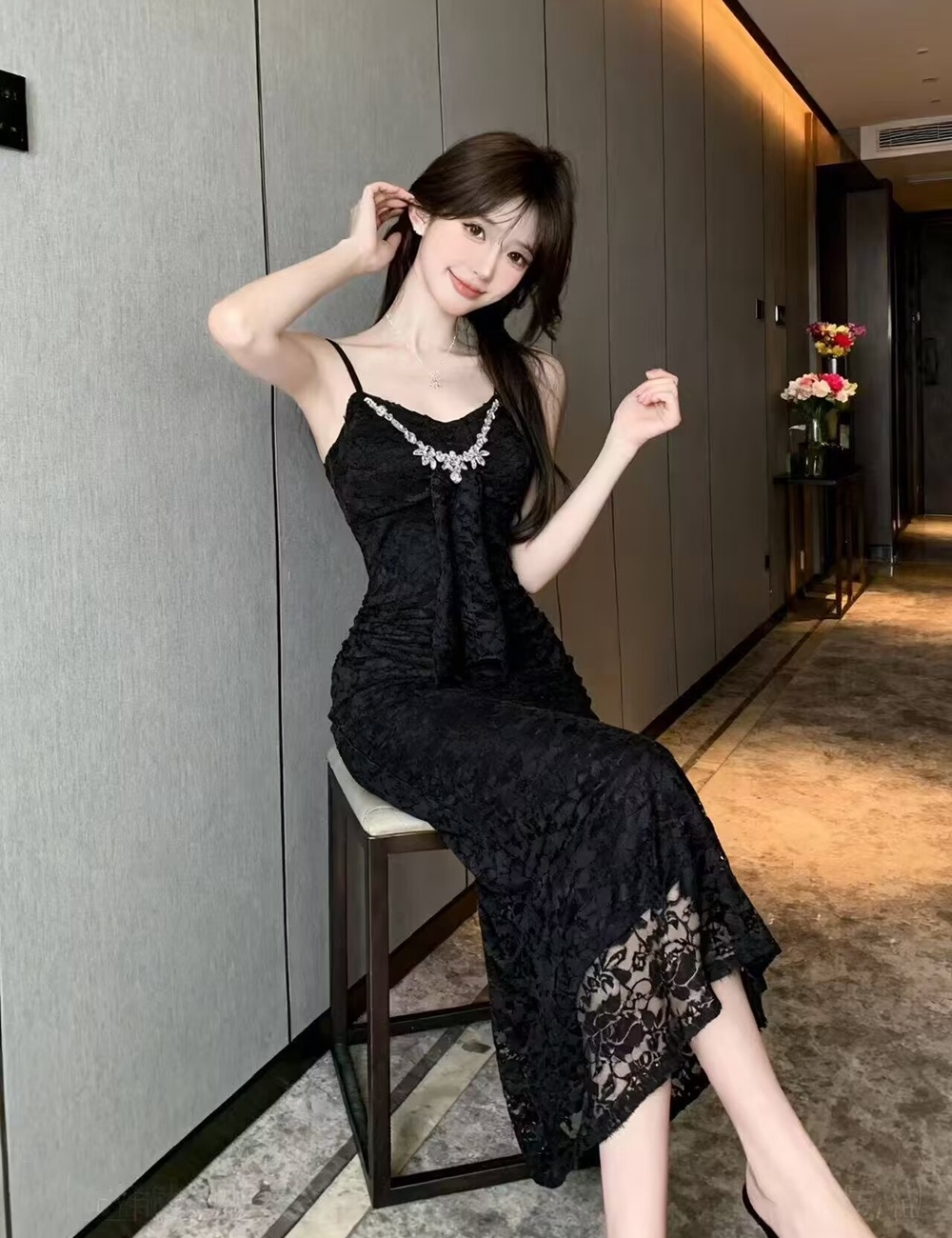 V-neck lace long dress ladies sling dress