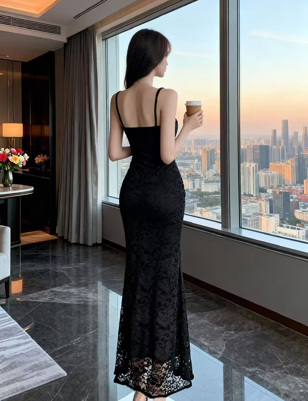 V-neck lace long dress ladies sling dress