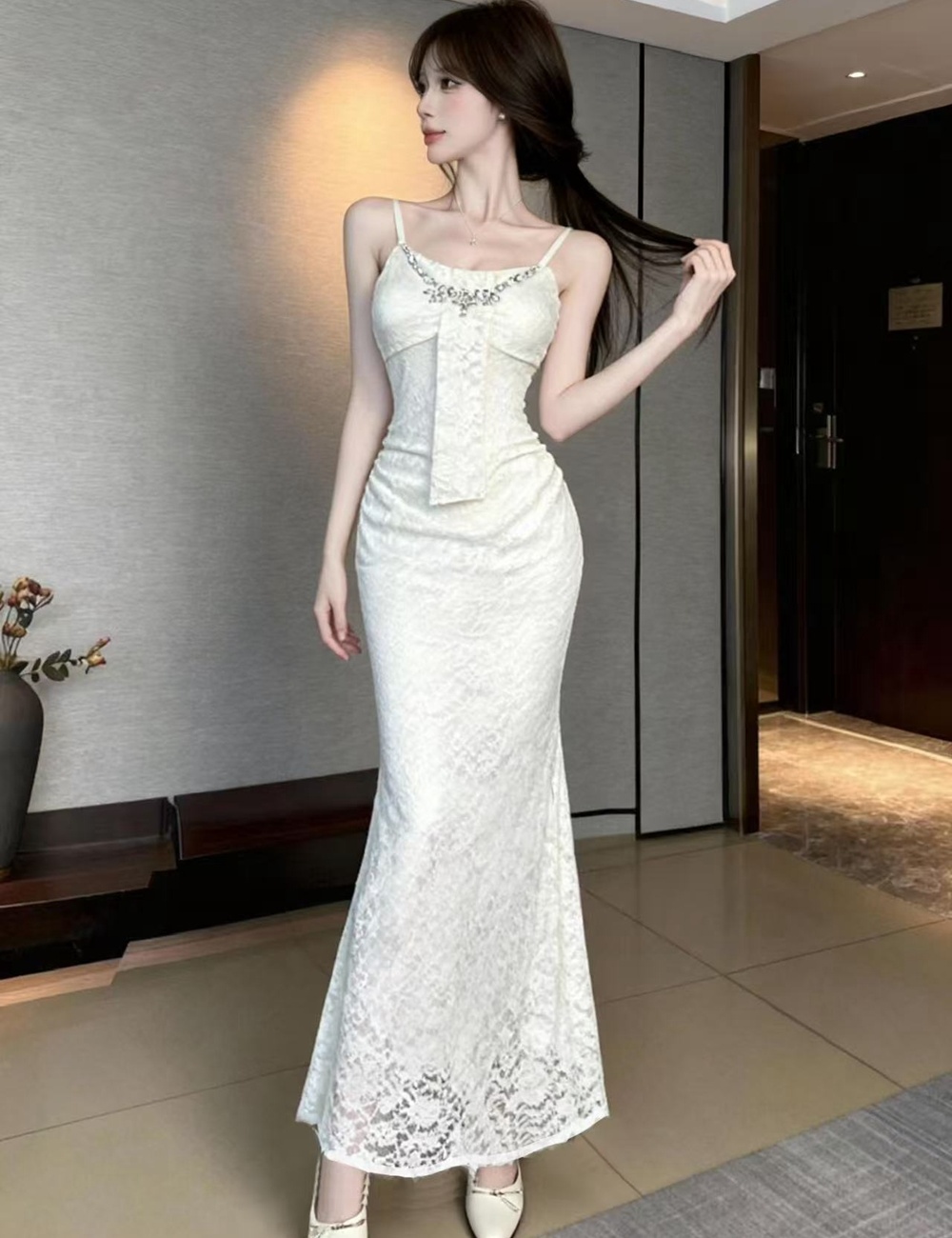 V-neck lace long dress ladies sling dress