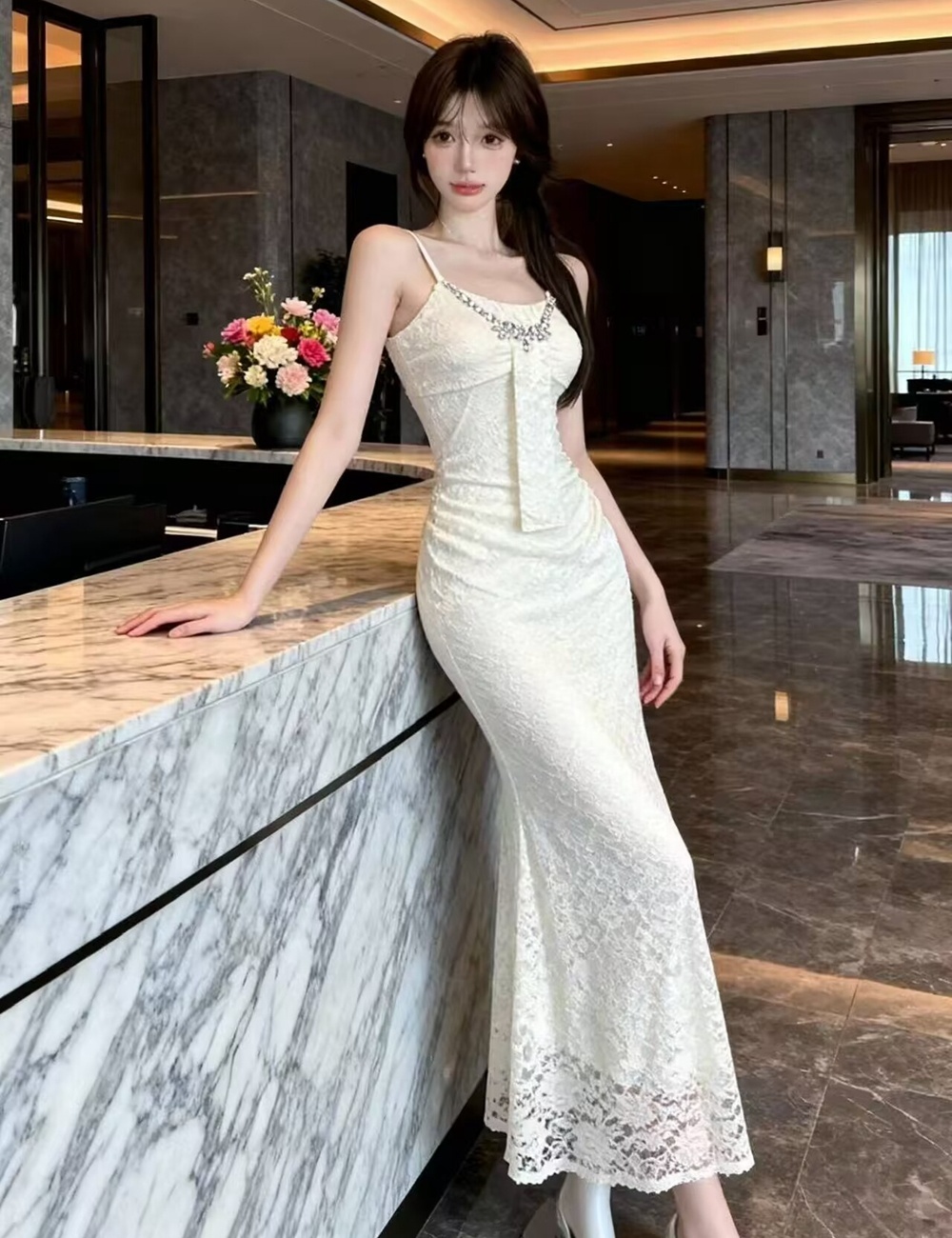 V-neck lace long dress ladies sling dress