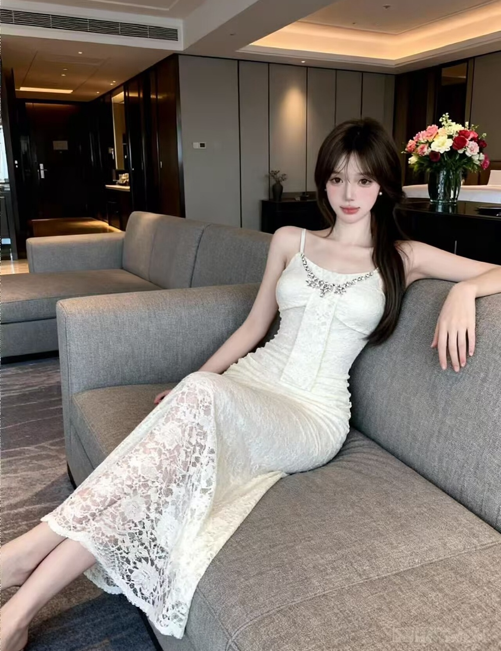 V-neck lace long dress ladies sling dress