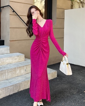 V-neck long sleeve long dress package hip autumn dress