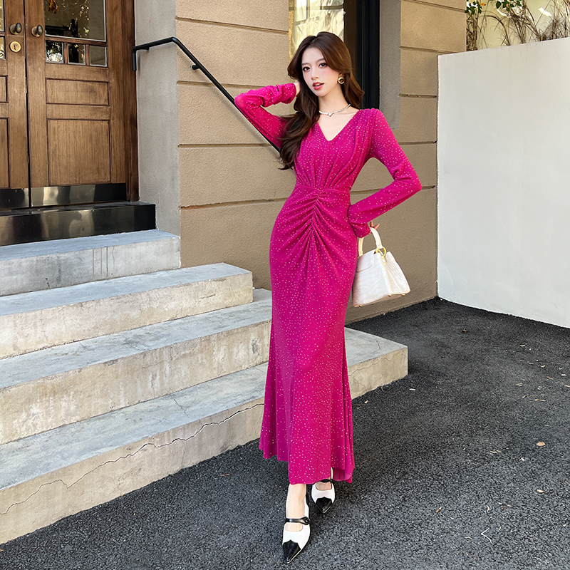 V-neck long sleeve long dress package hip autumn dress
