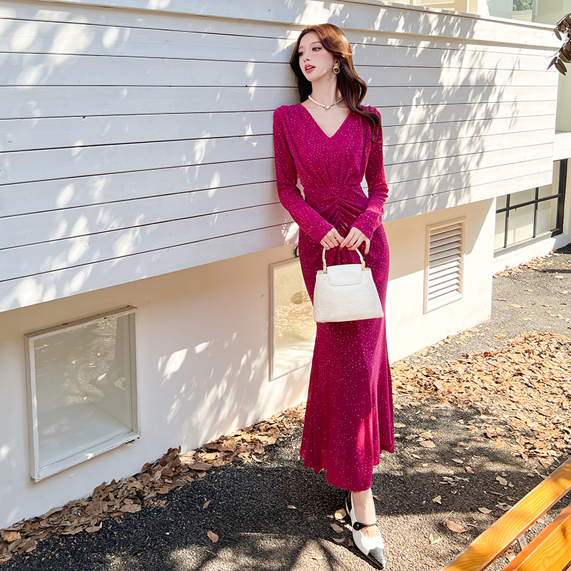 V-neck long sleeve long dress package hip autumn dress