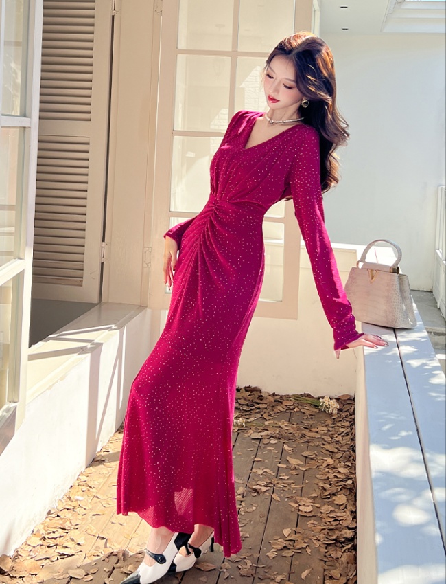 V-neck long sleeve long dress package hip autumn dress