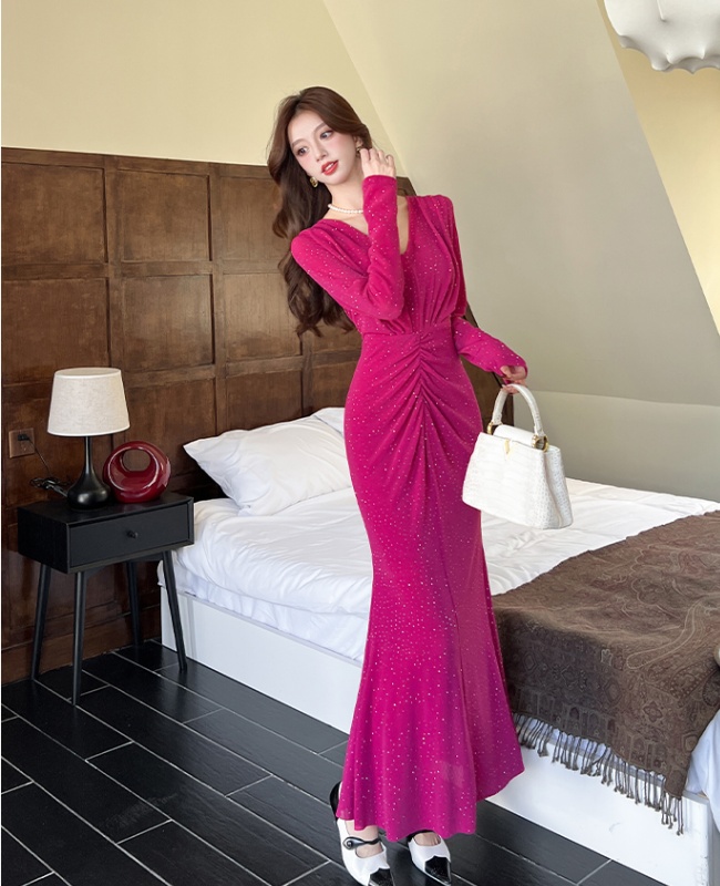 V-neck long sleeve long dress package hip autumn dress