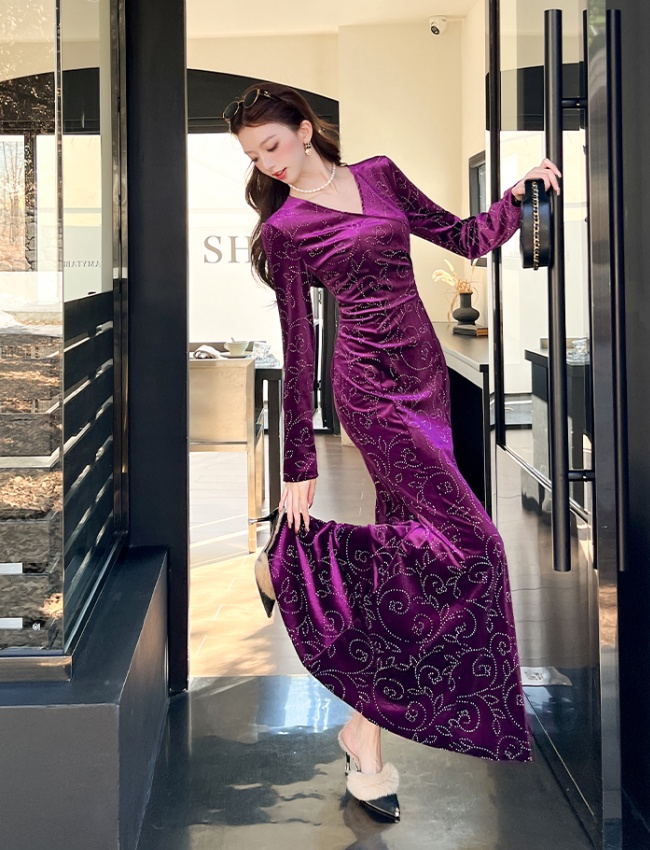 Fashion V-neck long dress package hip autumn dress