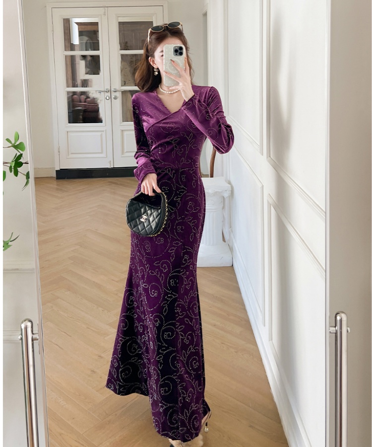 Fashion V-neck long dress package hip autumn dress