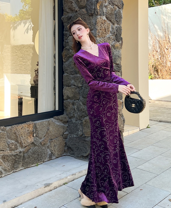 Fashion V-neck long dress package hip autumn dress