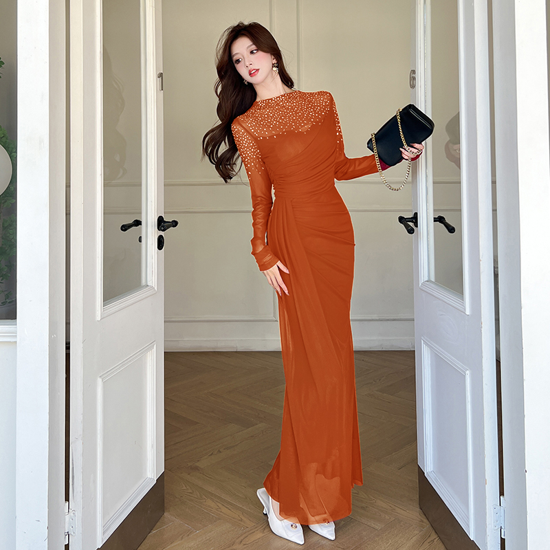 Rhinestone autumn dress package hip long dress
