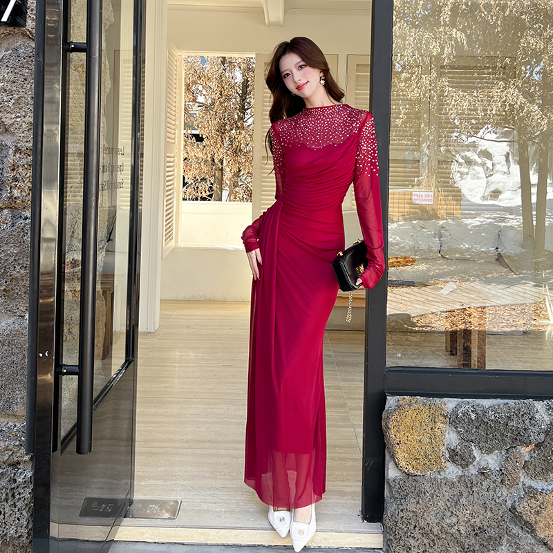 Rhinestone autumn dress package hip long dress