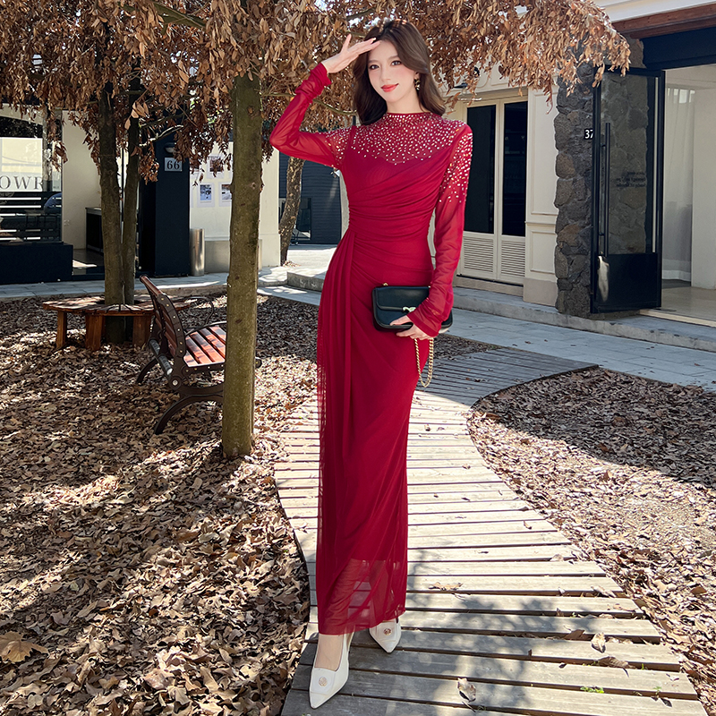 Rhinestone autumn dress package hip long dress