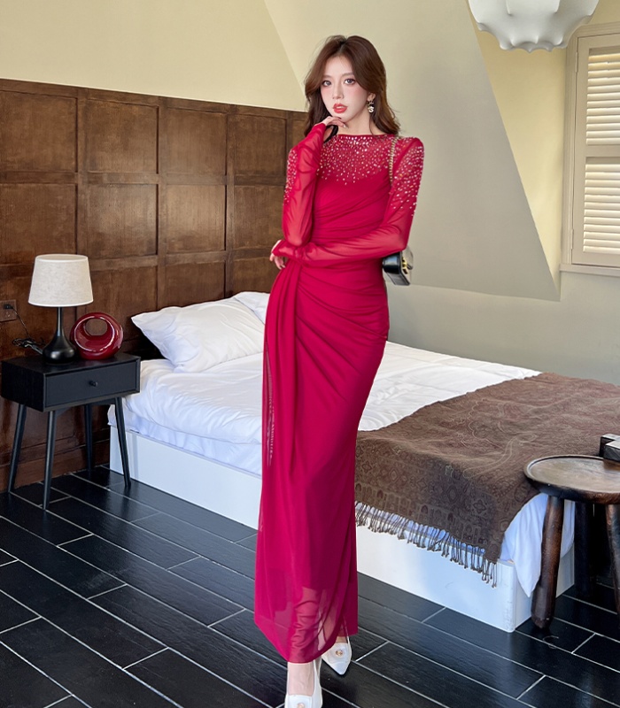 Rhinestone autumn dress package hip long dress