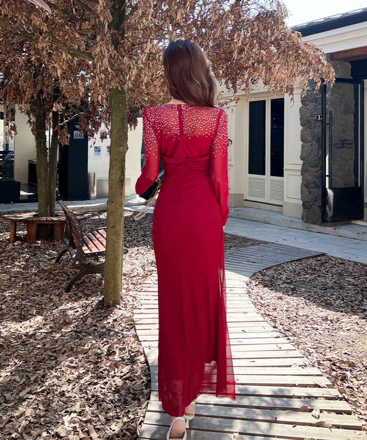 Rhinestone autumn dress package hip long dress