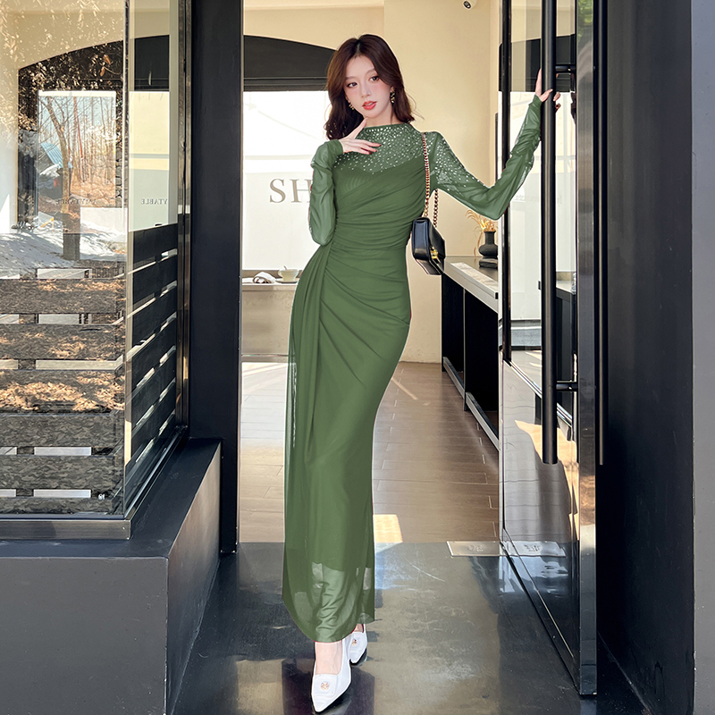 Rhinestone autumn dress package hip long dress