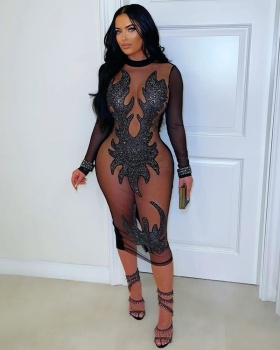 Sexy sequins round neck Casual fashion perspective dress